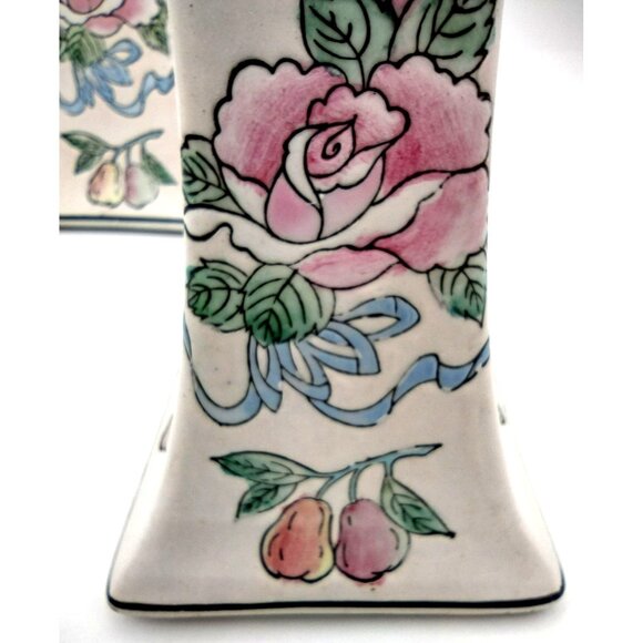 Taper Candle Holders Chinoiserie Hand Painted Vintage Floral Pastel Pair 8.3 In - Picture 7 of 13
